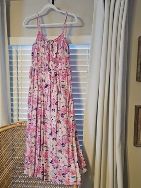 La Febuary Floral Pink Midi Sundress with Spaghetti Straps